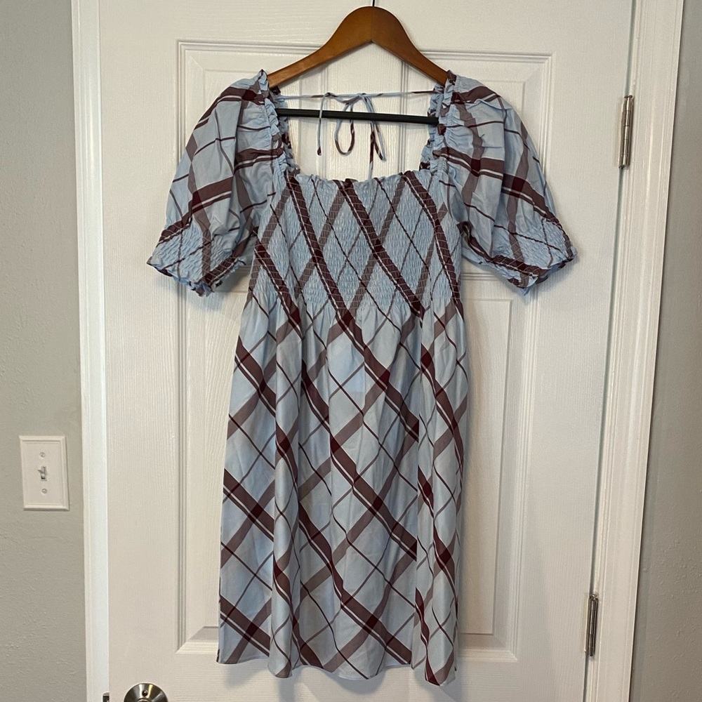 Hill House Pale Blue and Brown Plaid Smocked Puff-Sleeve Mini Dress